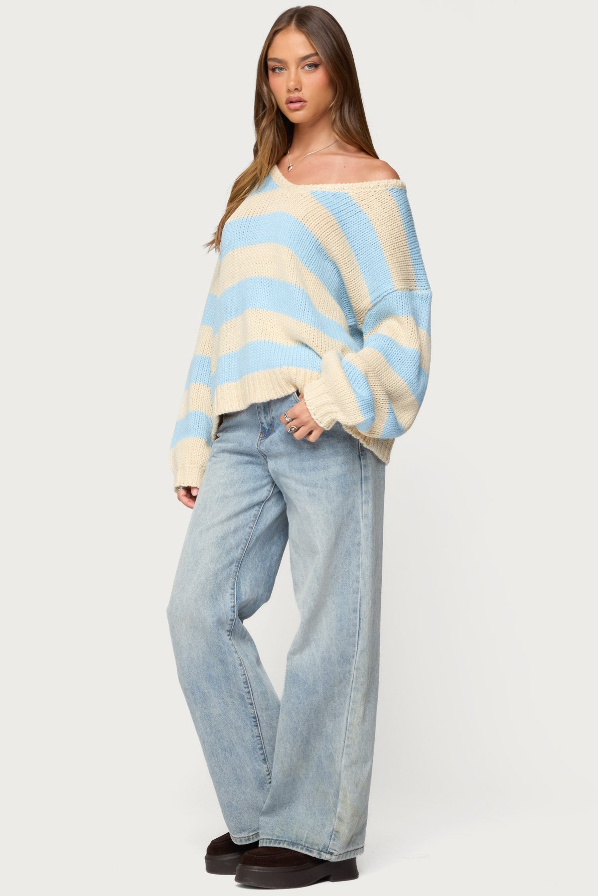 Tracie Striped Oversized Sweater - LIGHT-BLUE