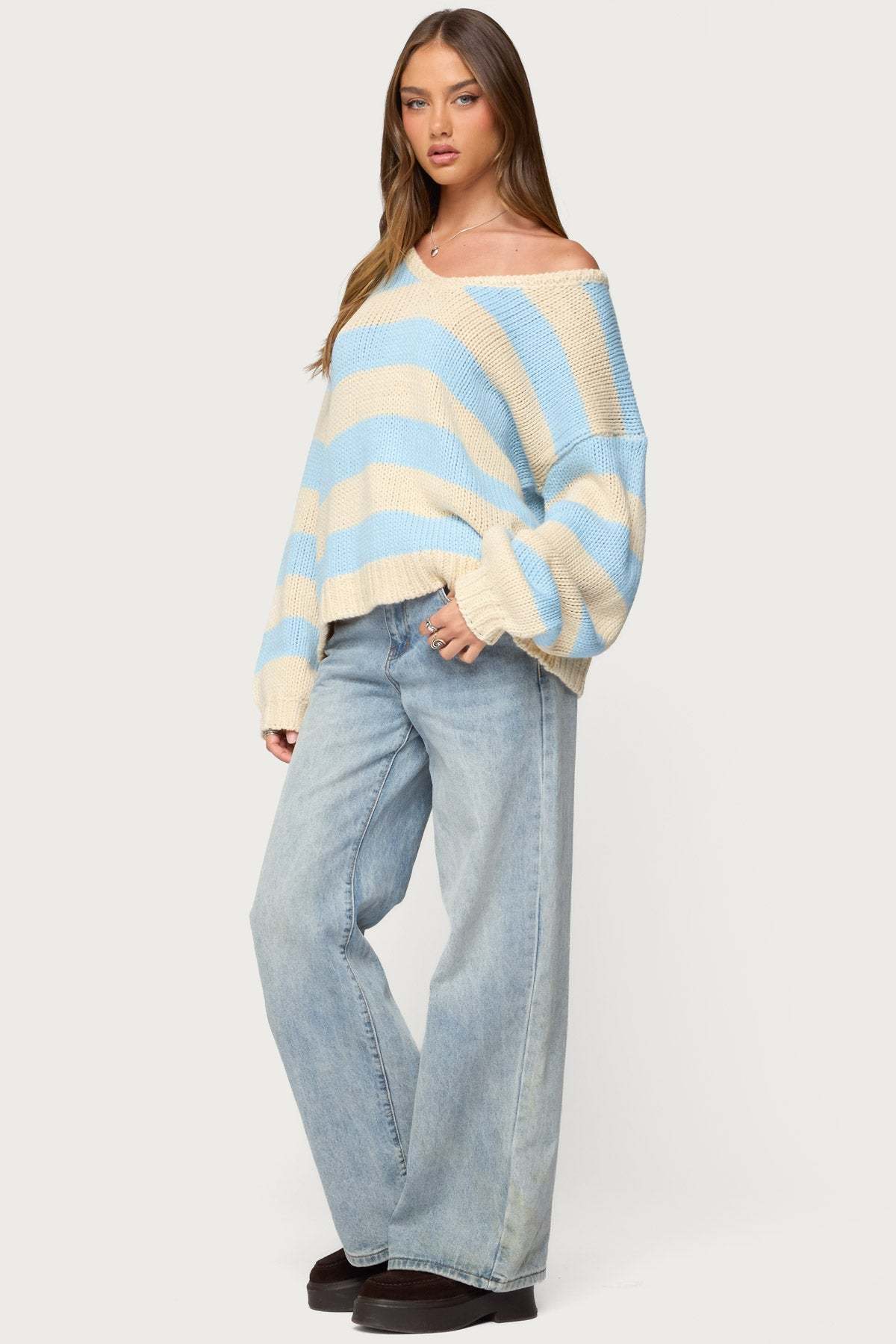 Tracie Striped Oversized Sweater - LIGHT-BLUE