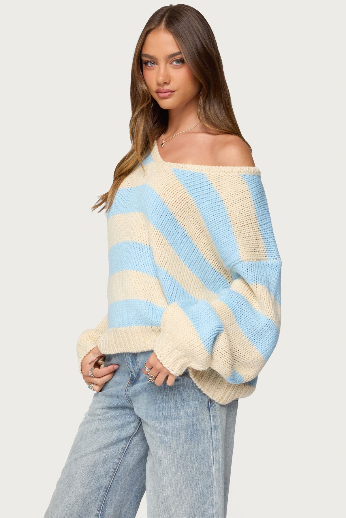 Tracie Striped Oversized Sweater - LIGHT-BLUE