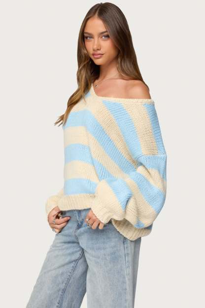 Tracie Striped Oversized Sweater - LIGHT-BLUE