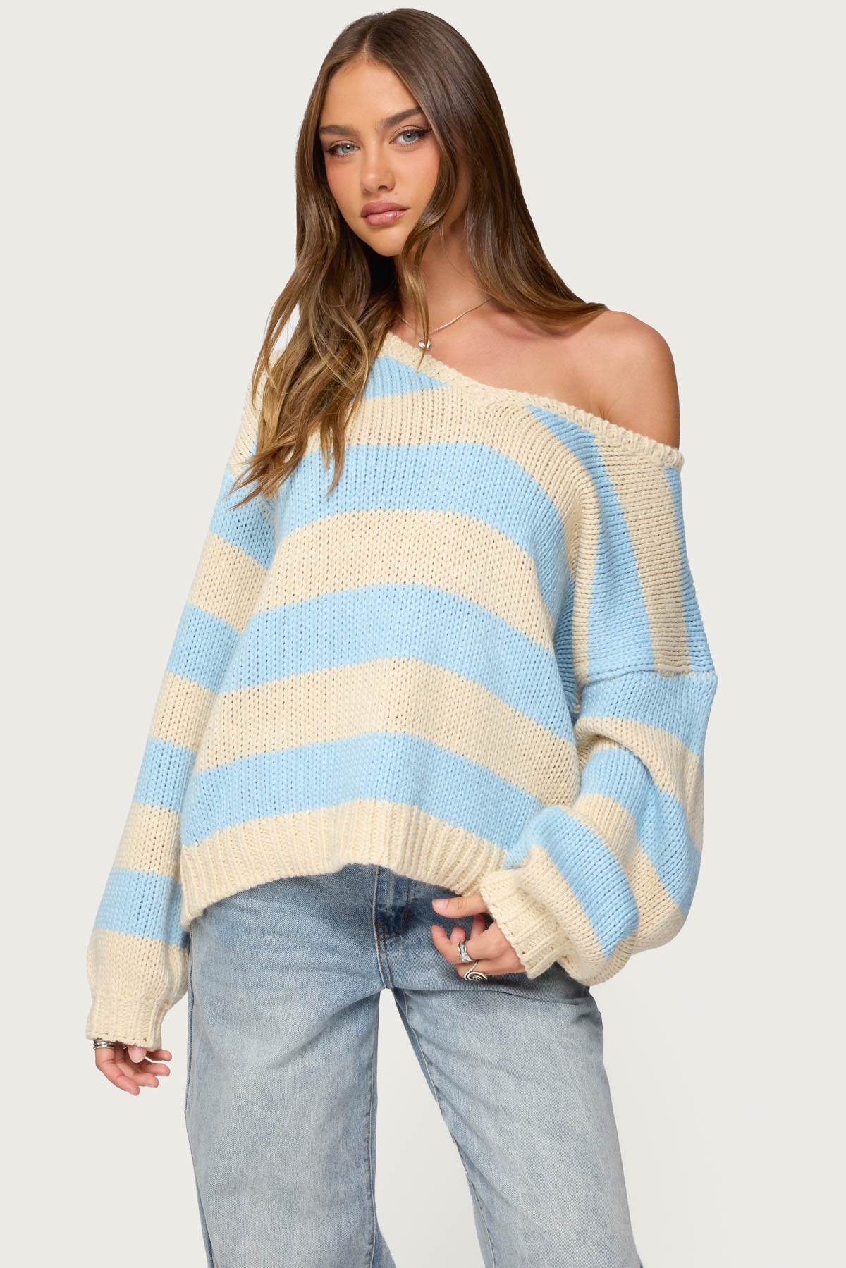 Tracie Striped Oversized Sweater - LIGHT-BLUE