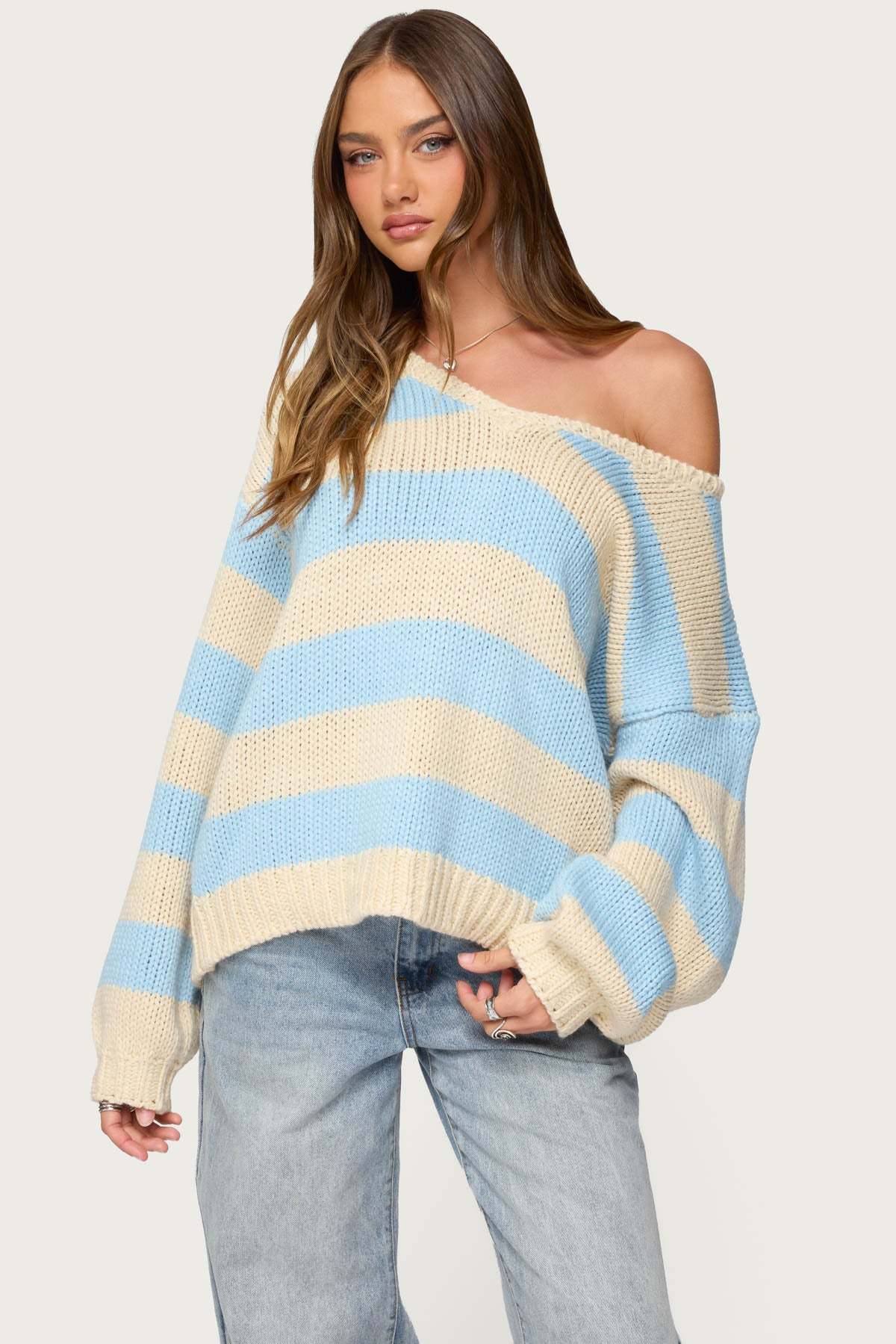 Tracie Striped Oversized Sweater - LIGHT-BLUE
