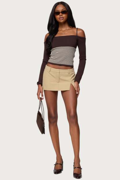 Darya Striped Off Shoulder Knit Top - BROWN