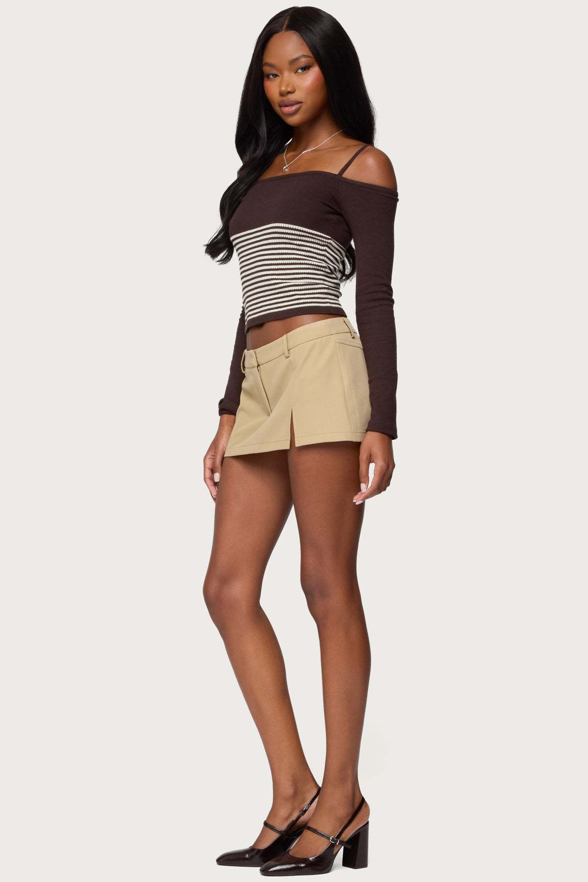 Darya Striped Off Shoulder Knit Top - BROWN
