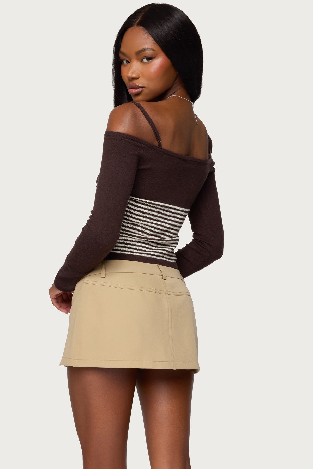 Darya Striped Off Shoulder Knit Top - BROWN