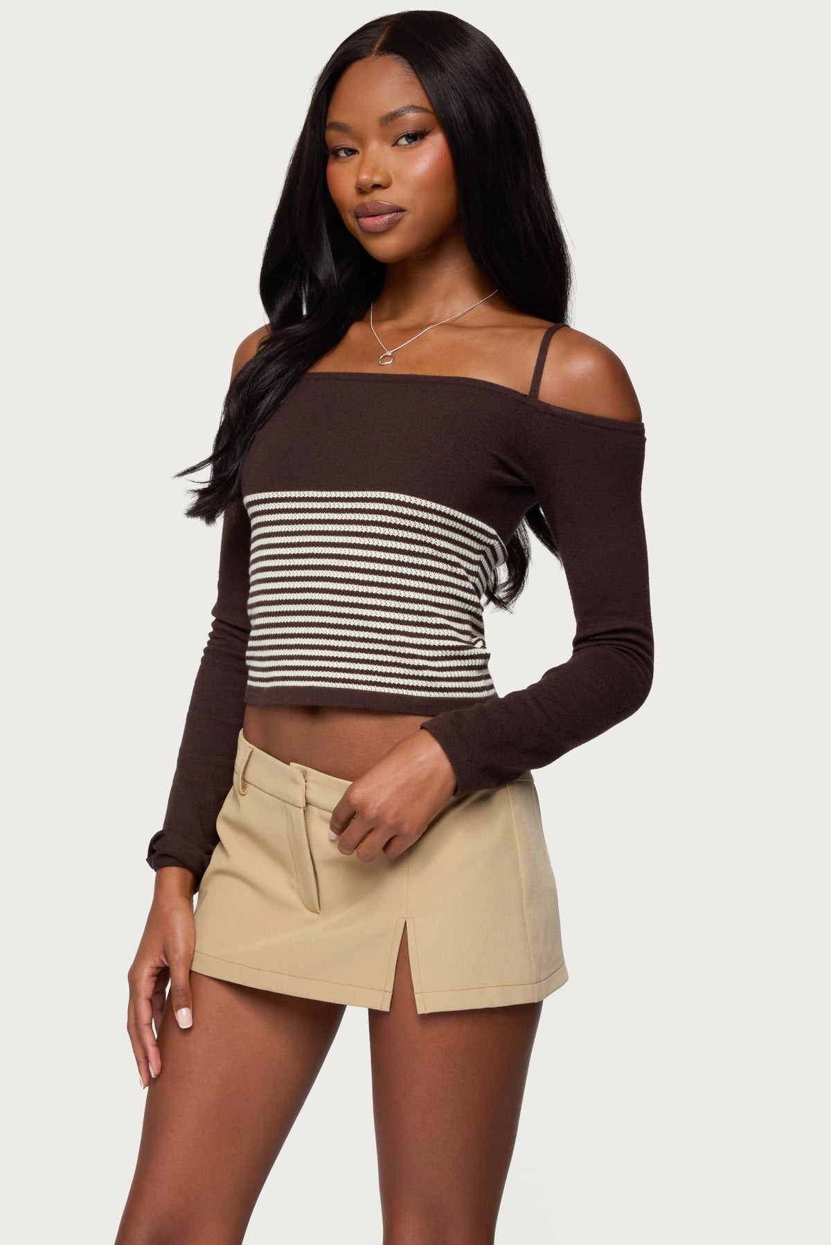Darya Striped Off Shoulder Knit Top - BROWN