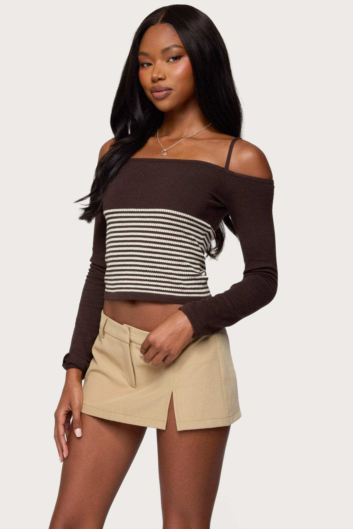 Darya Striped Off Shoulder Knit Top - BROWN