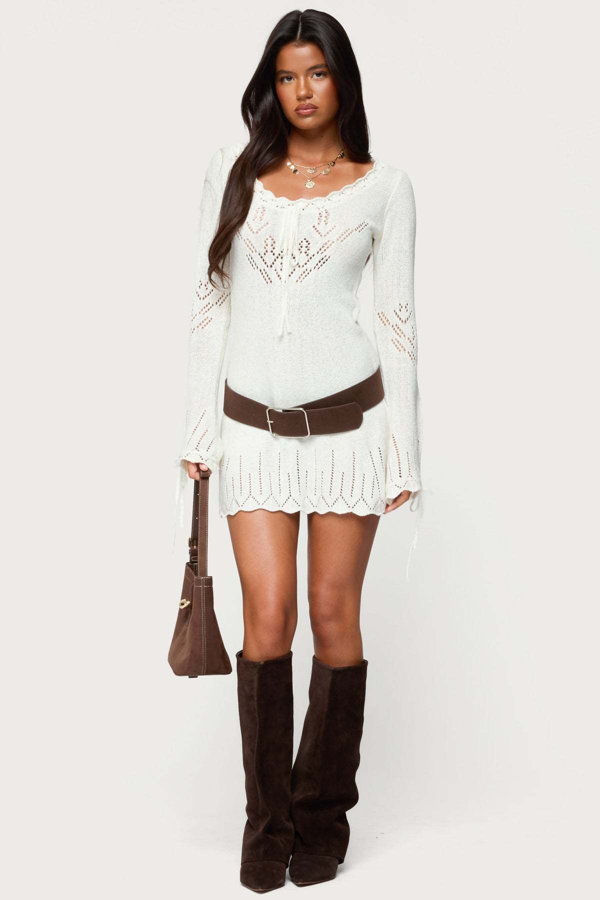 Shaia Pointelle Knit Mini Dress - CREAM