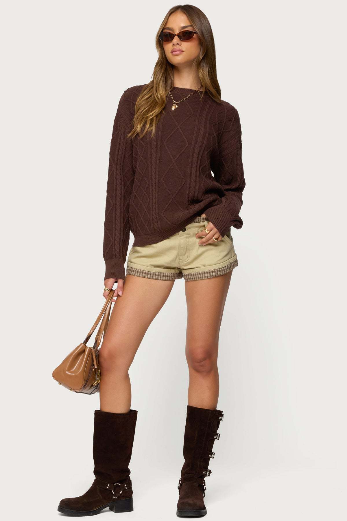 Jessy Cable Knit Oversized Sweater - BROWN