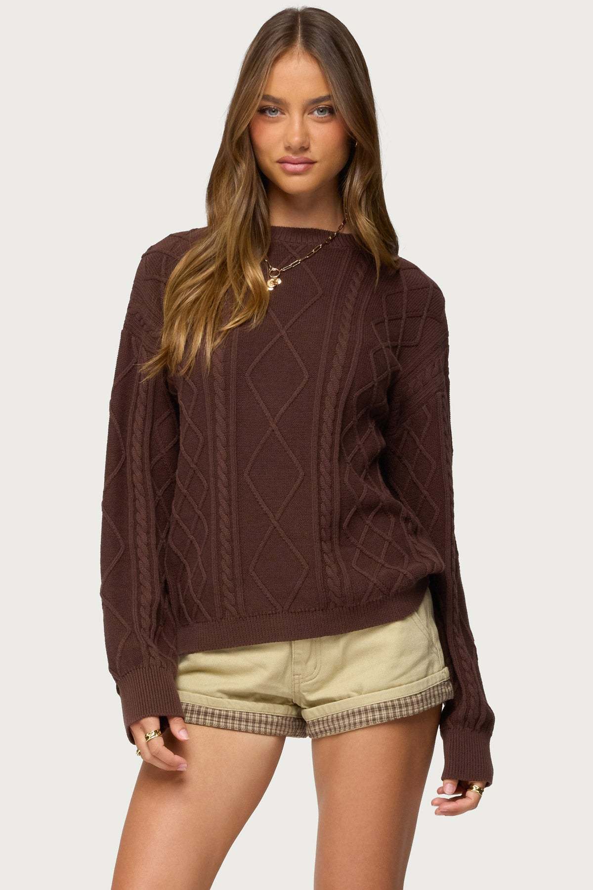 Jessy Cable Knit Oversized Sweater - BROWN