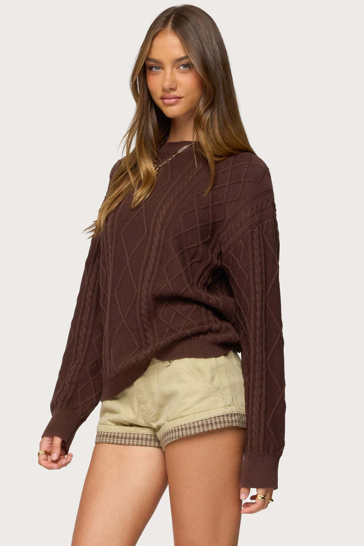 Jessy Cable Knit Oversized Sweater - BROWN