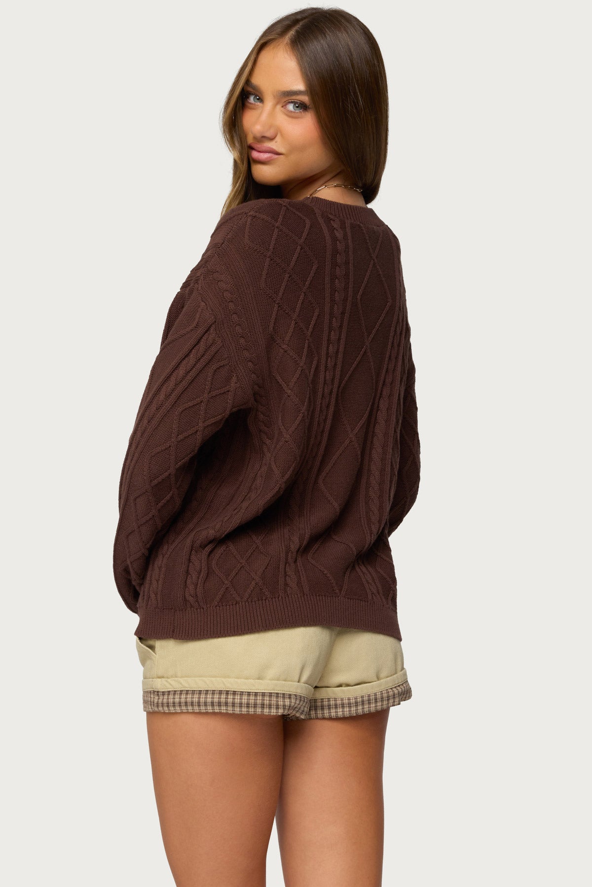 Jessy Cable Knit Oversized Sweater - BROWN