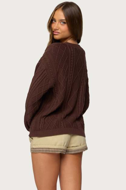 Jessy Cable Knit Oversized Sweater - BROWN