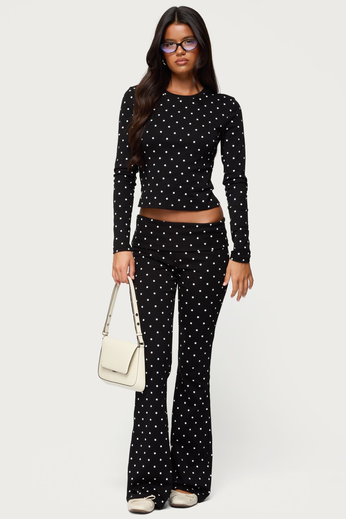 Daliya Polka Dot Fold Over Pants - BLACK