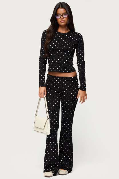 Daliya Polka Dot Fold Over Pants - BLACK