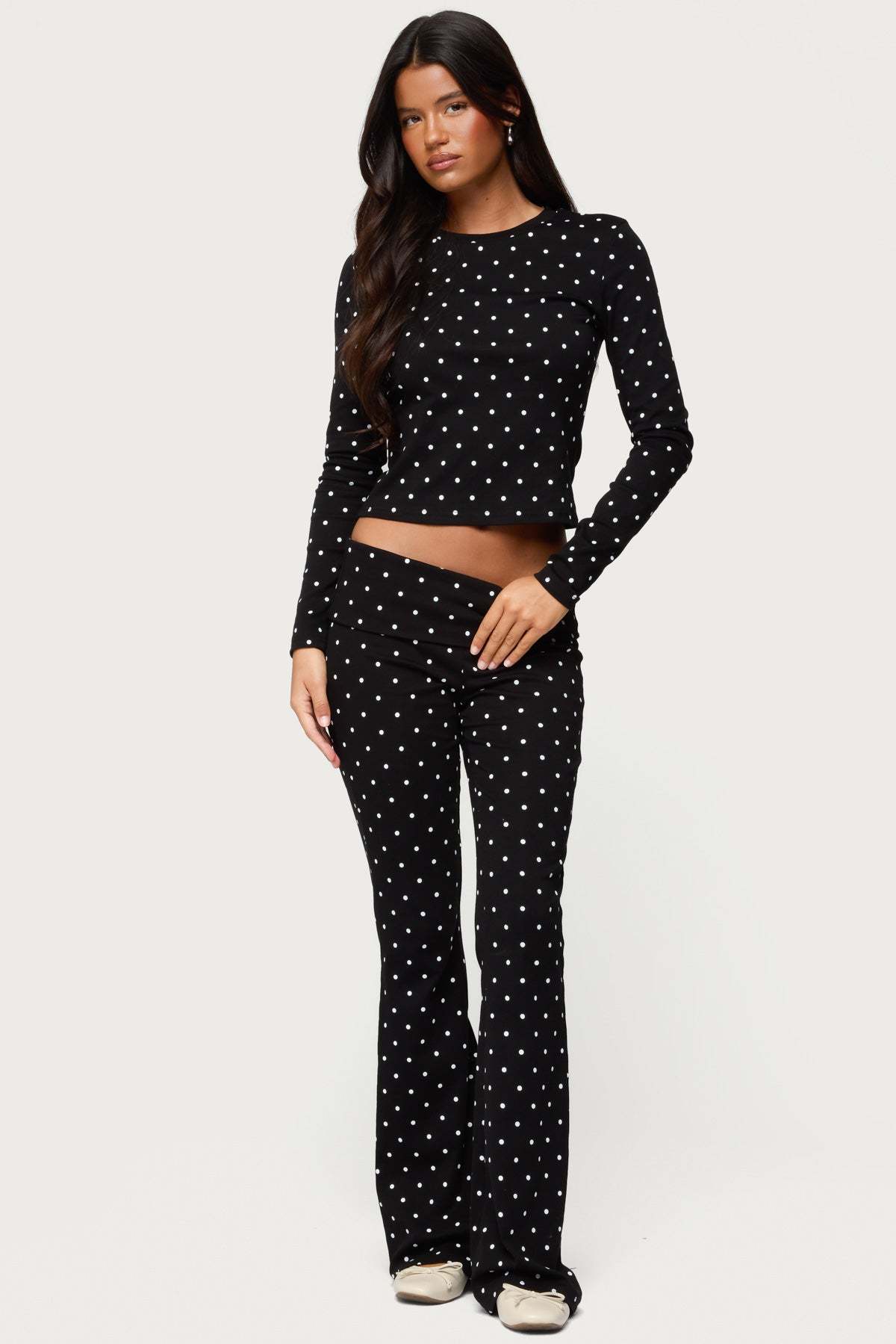 Daliya Polka Dot Fold Over Pants - BLACK