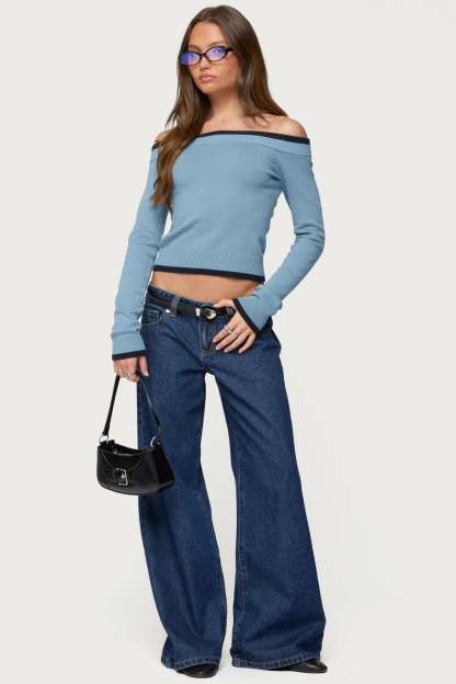 Kezzie Contrast Off Shoulder Knit Top - BLUE