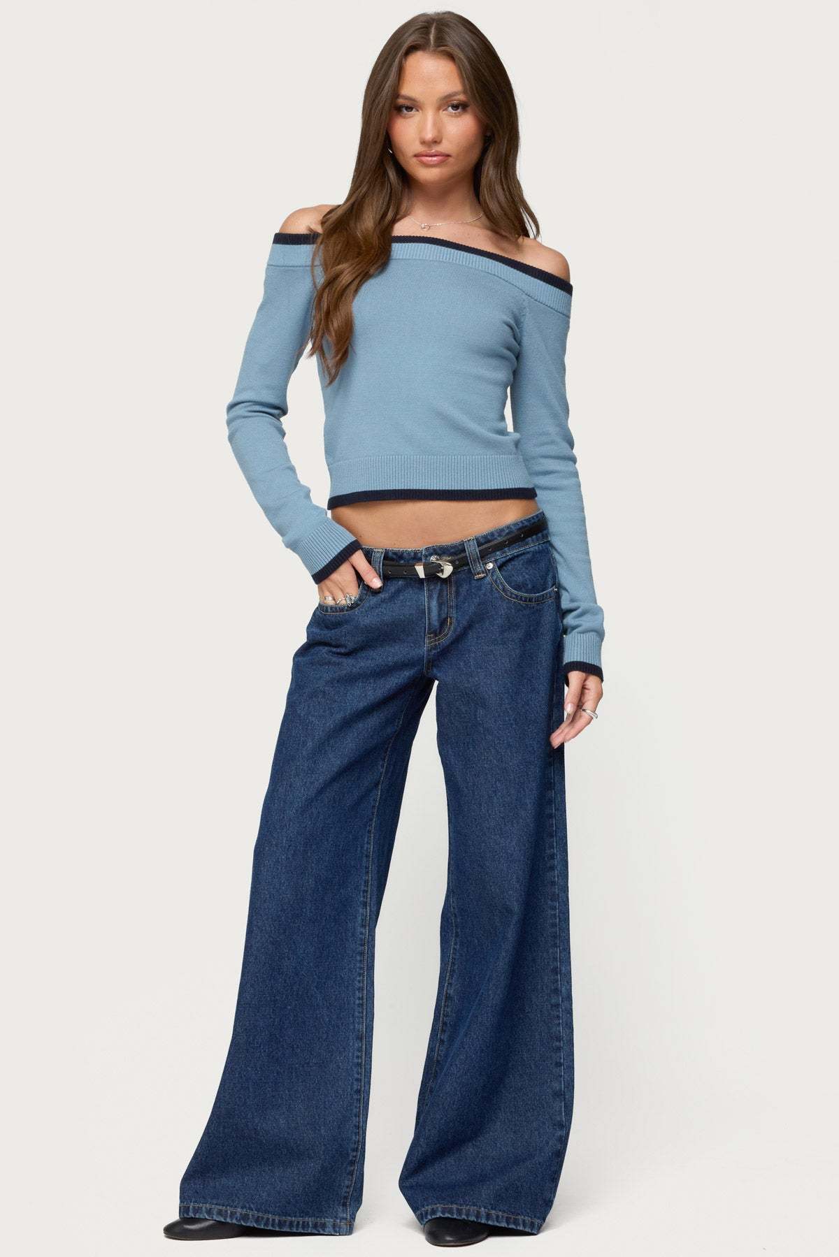 Kezzie Contrast Off Shoulder Knit Top - BLUE