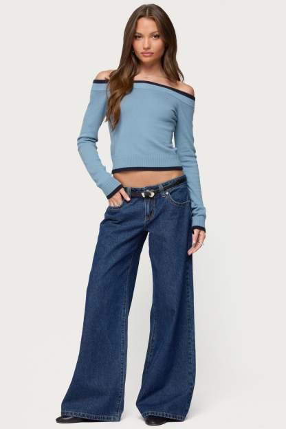 Kezzie Contrast Off Shoulder Knit Top - BLUE