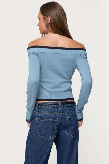 Kezzie Contrast Off Shoulder Knit Top - BLUE