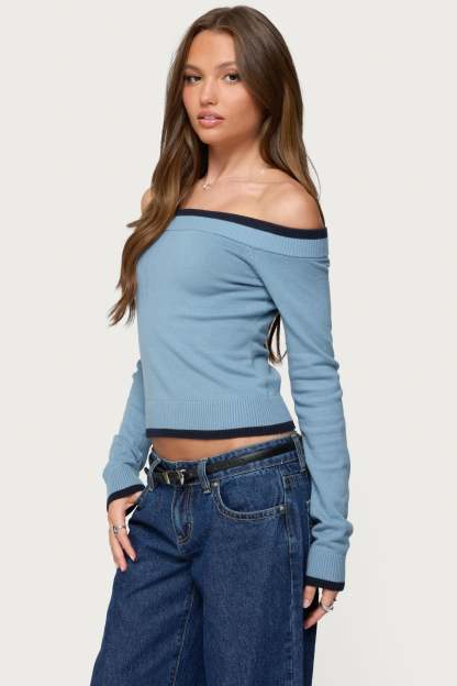 Kezzie Contrast Off Shoulder Knit Top - BLUE