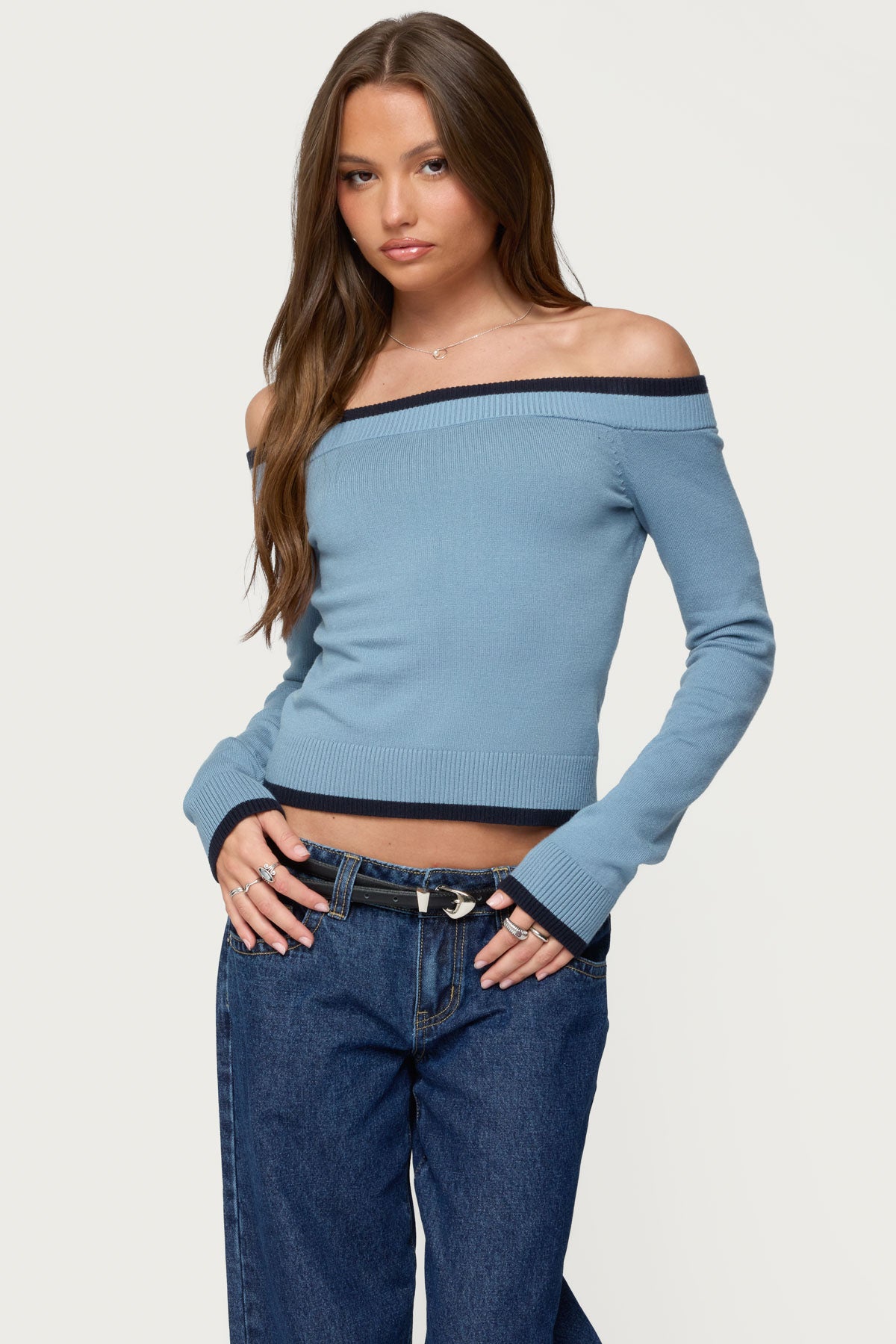 Kezzie Contrast Off Shoulder Knit Top - BLUE