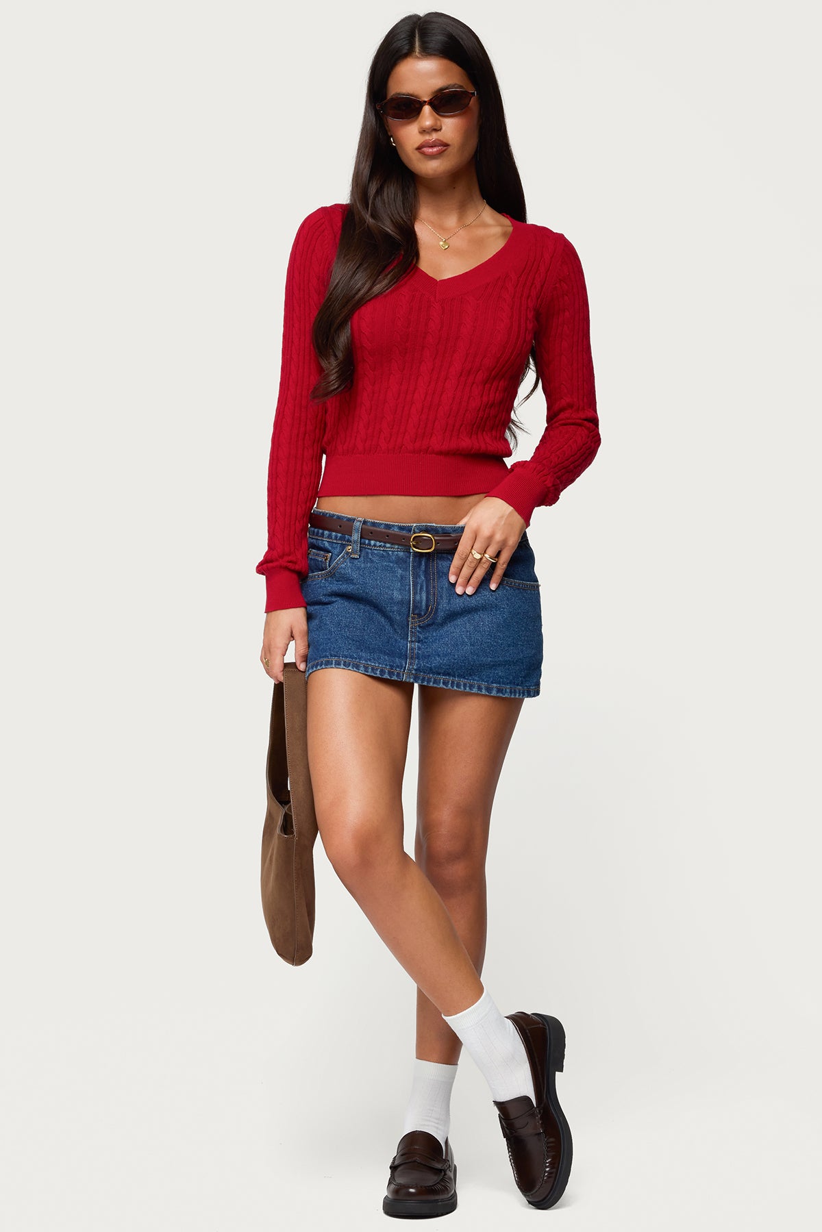 Ashlee V Neck Cable Knit Top - RED
