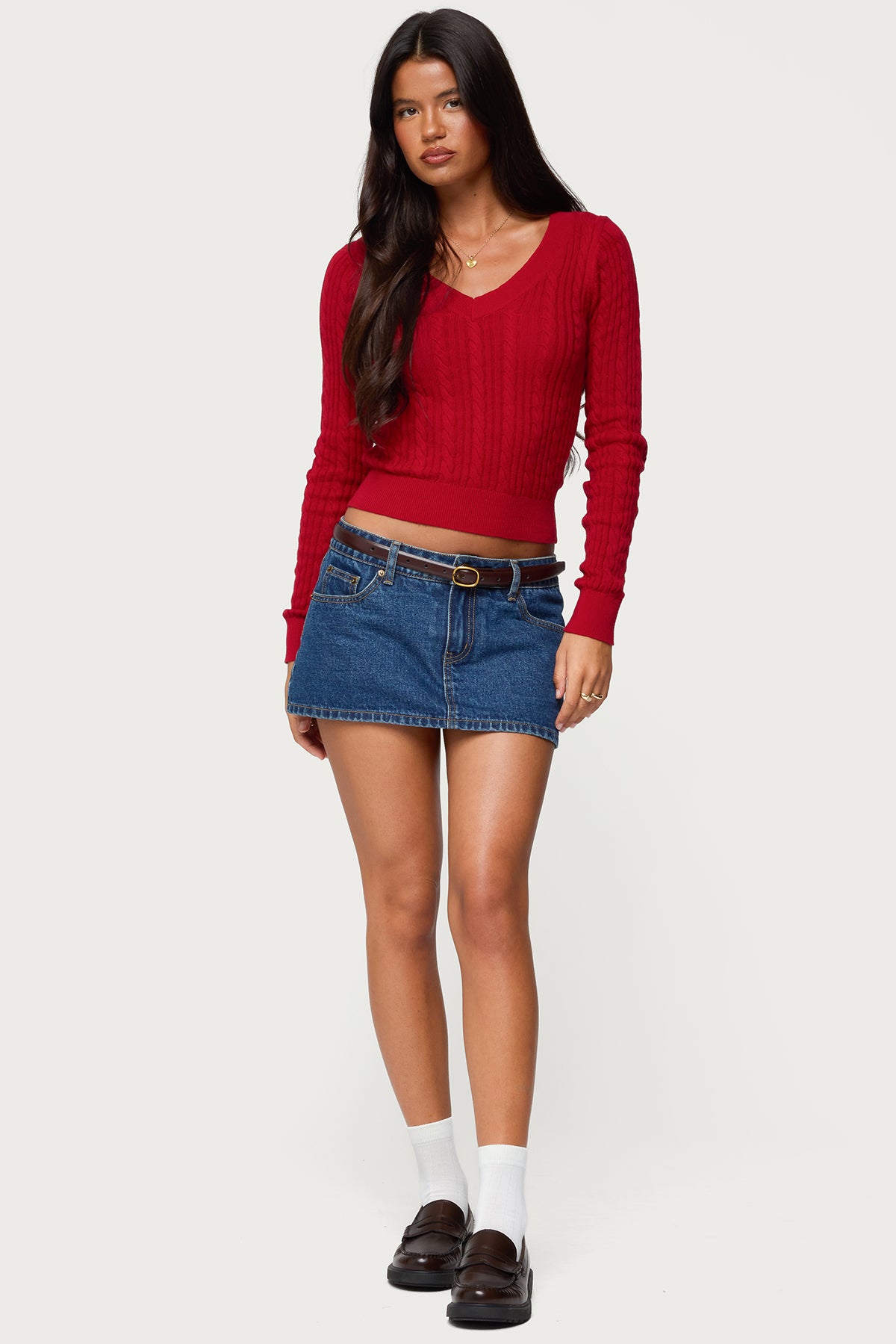 Ashlee V Neck Cable Knit Top - RED