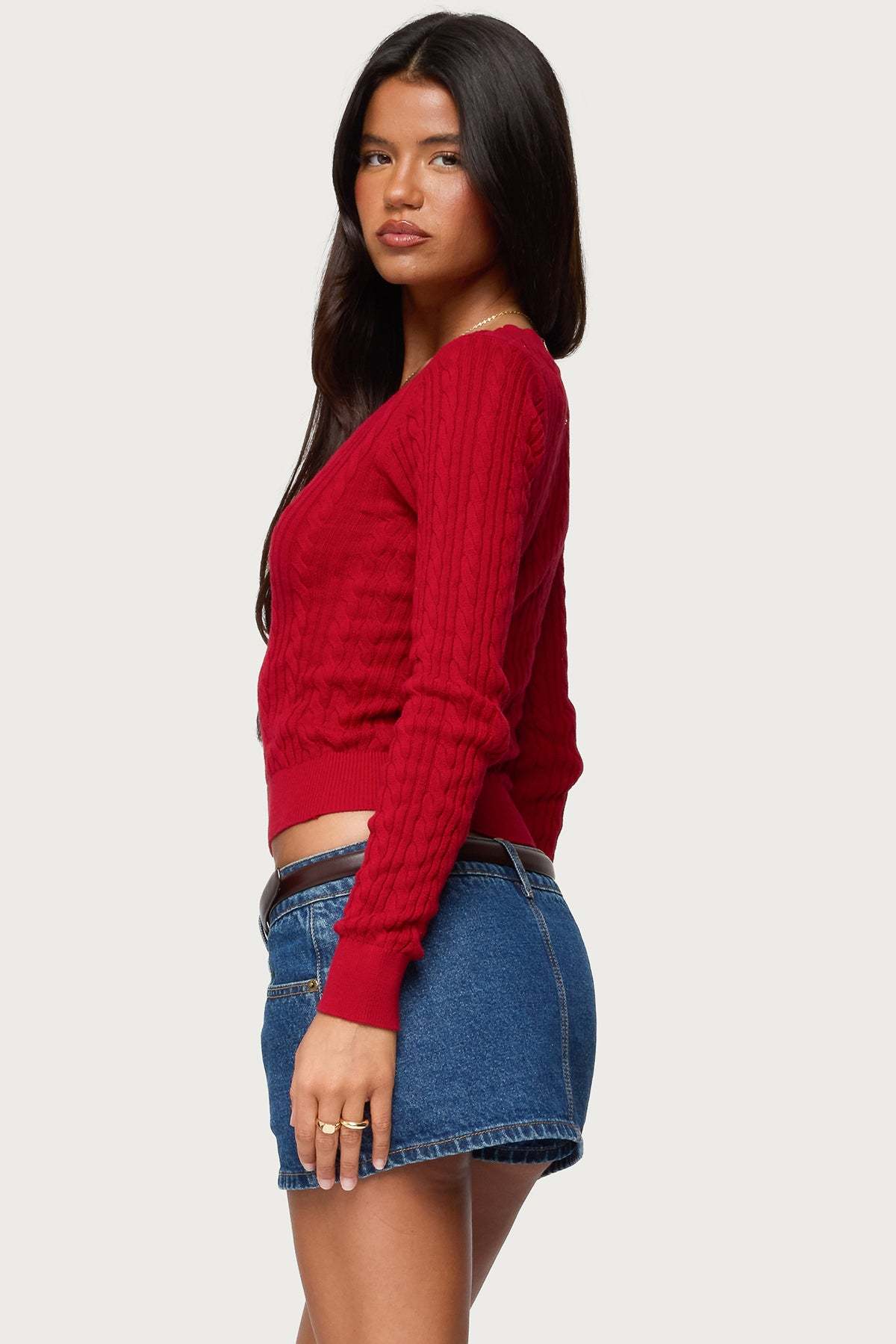 Ashlee V Neck Cable Knit Top - RED