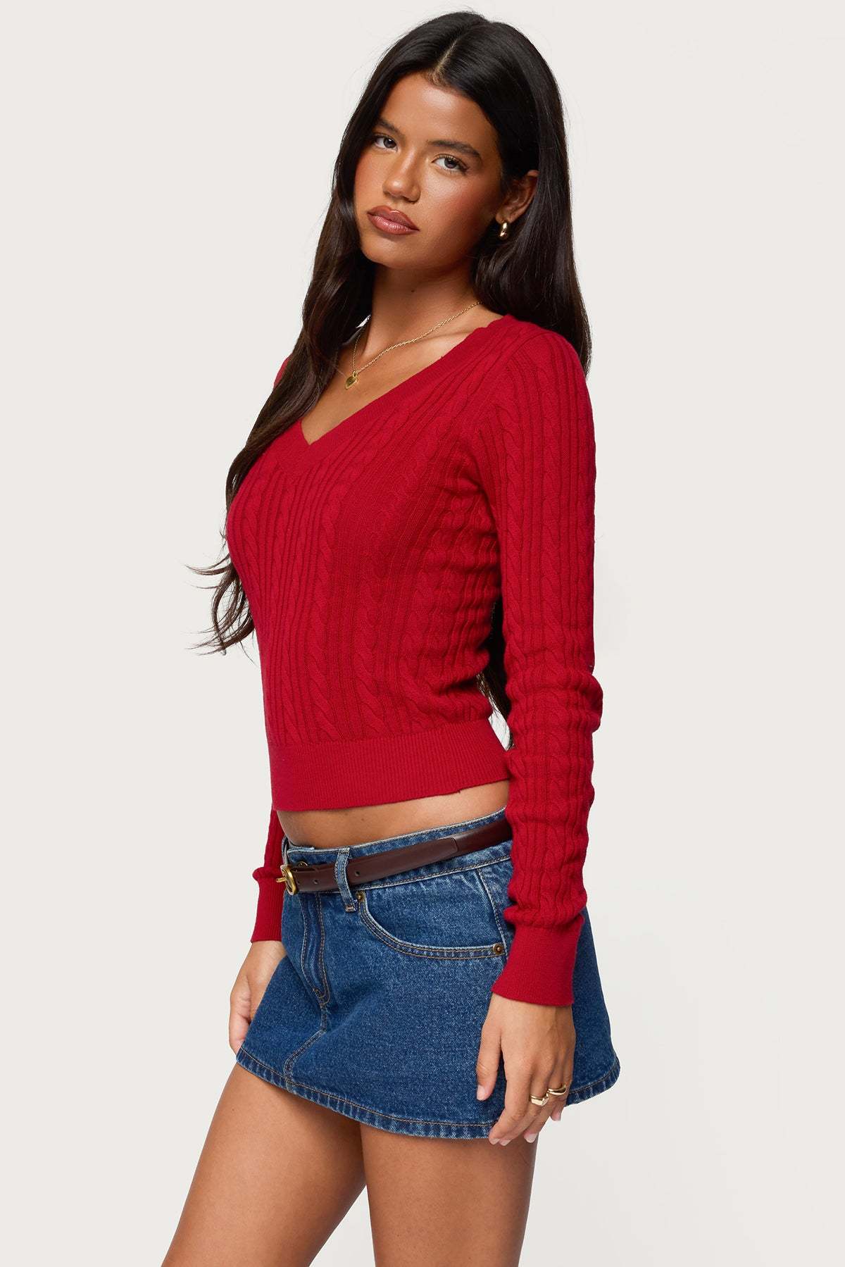 Ashlee V Neck Cable Knit Top - RED
