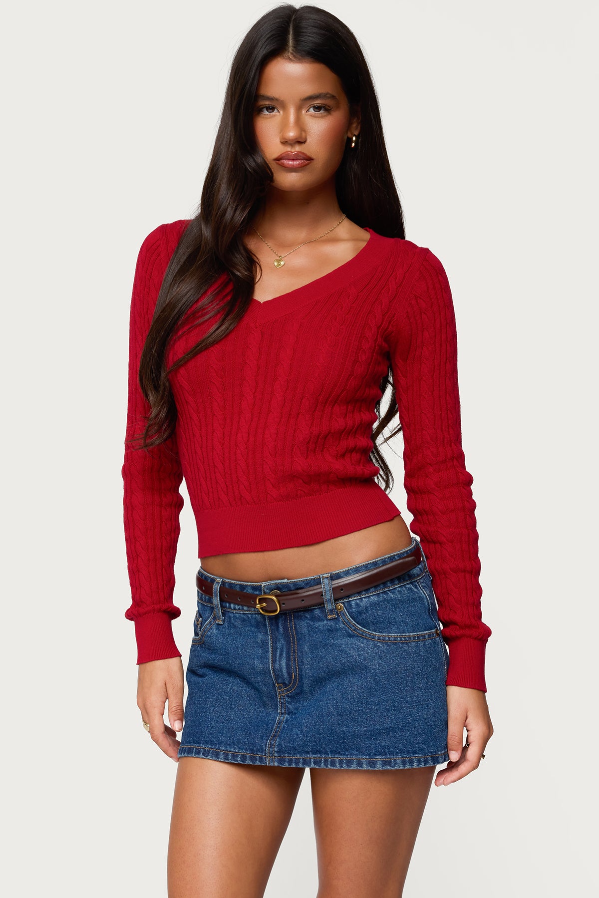Ashlee V Neck Cable Knit Top - RED