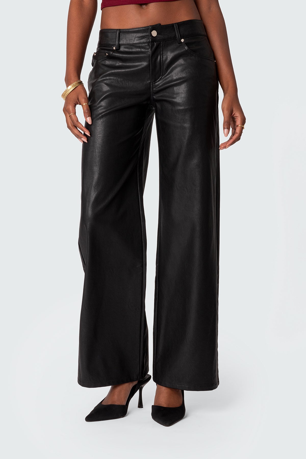 Faux Leather Straight Leg Pants - BLACK