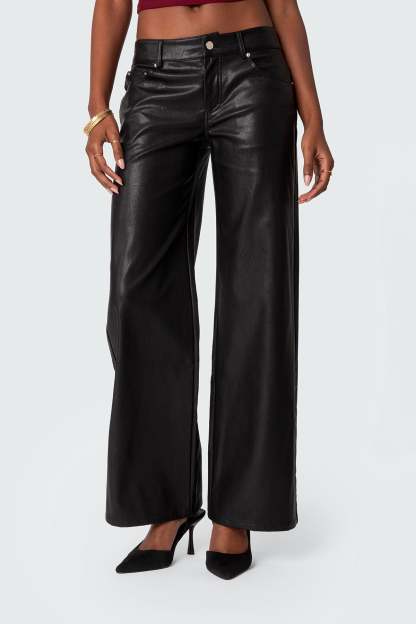 Faux Leather Straight Leg Pants - BLACK