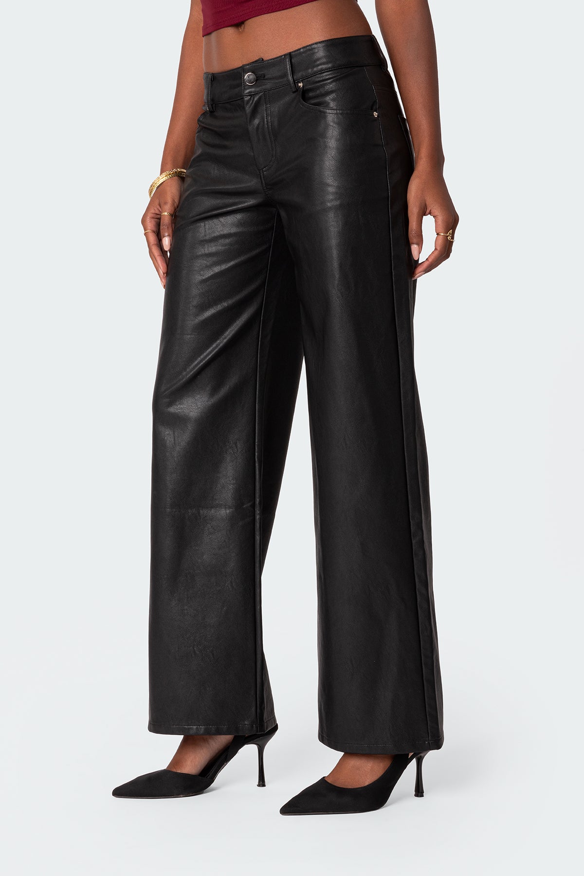 Faux Leather Straight Leg Pants - BLACK
