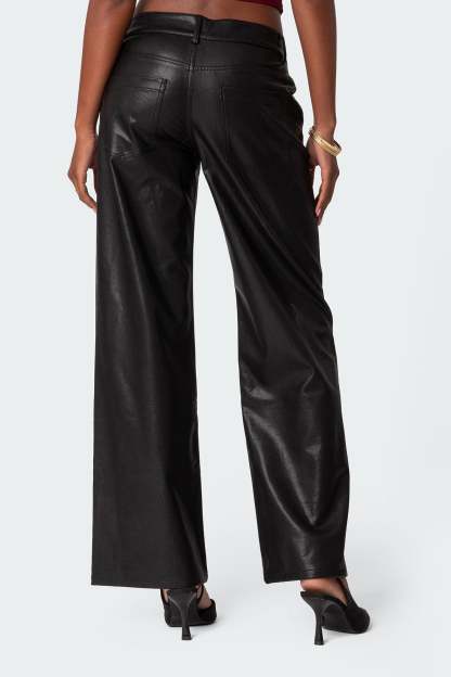Faux Leather Straight Leg Pants - BLACK