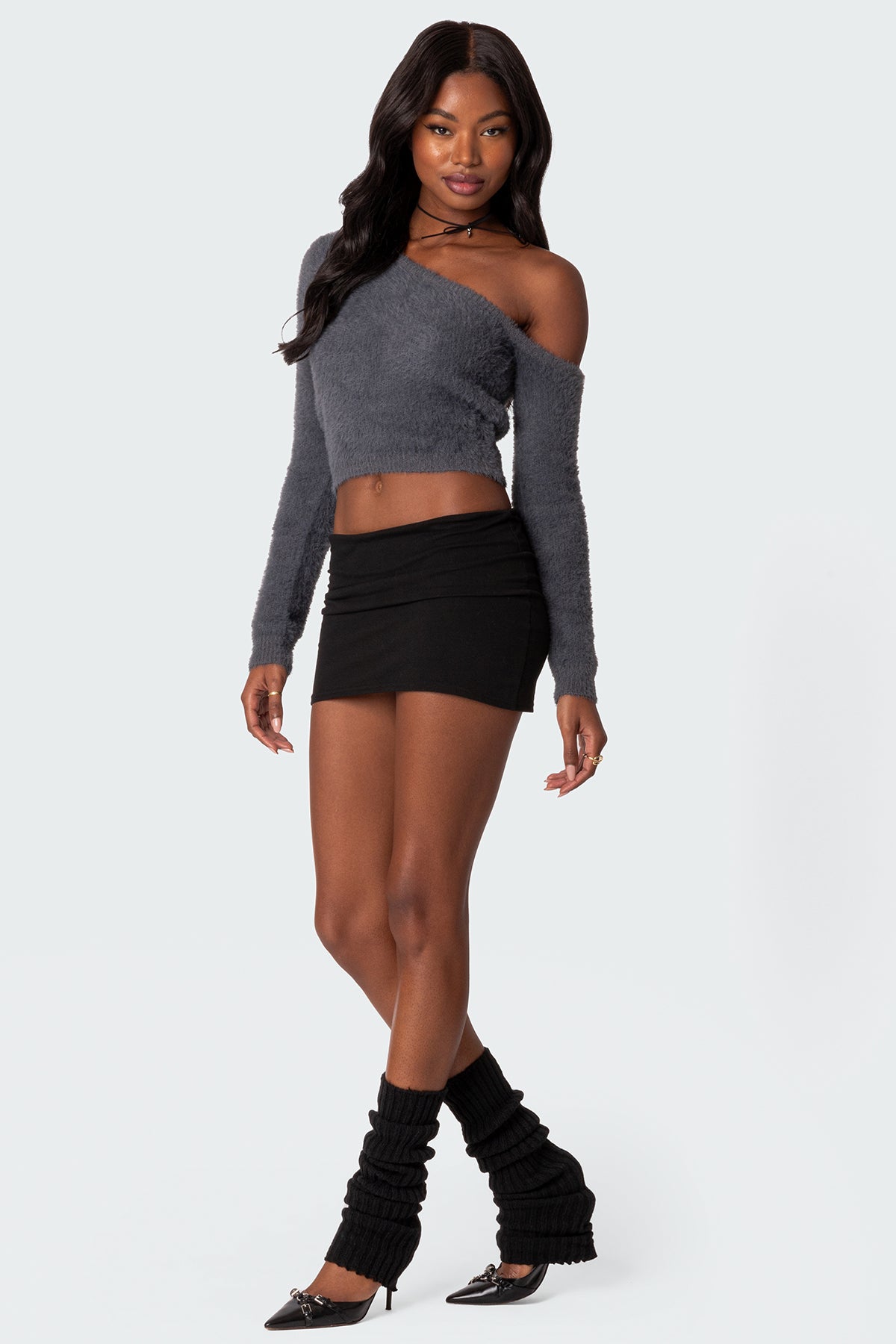 Frannie One Shoulder Fuzzy Knit Top - GRAY