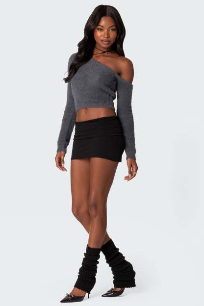 Frannie One Shoulder Fuzzy Knit Top - GRAY