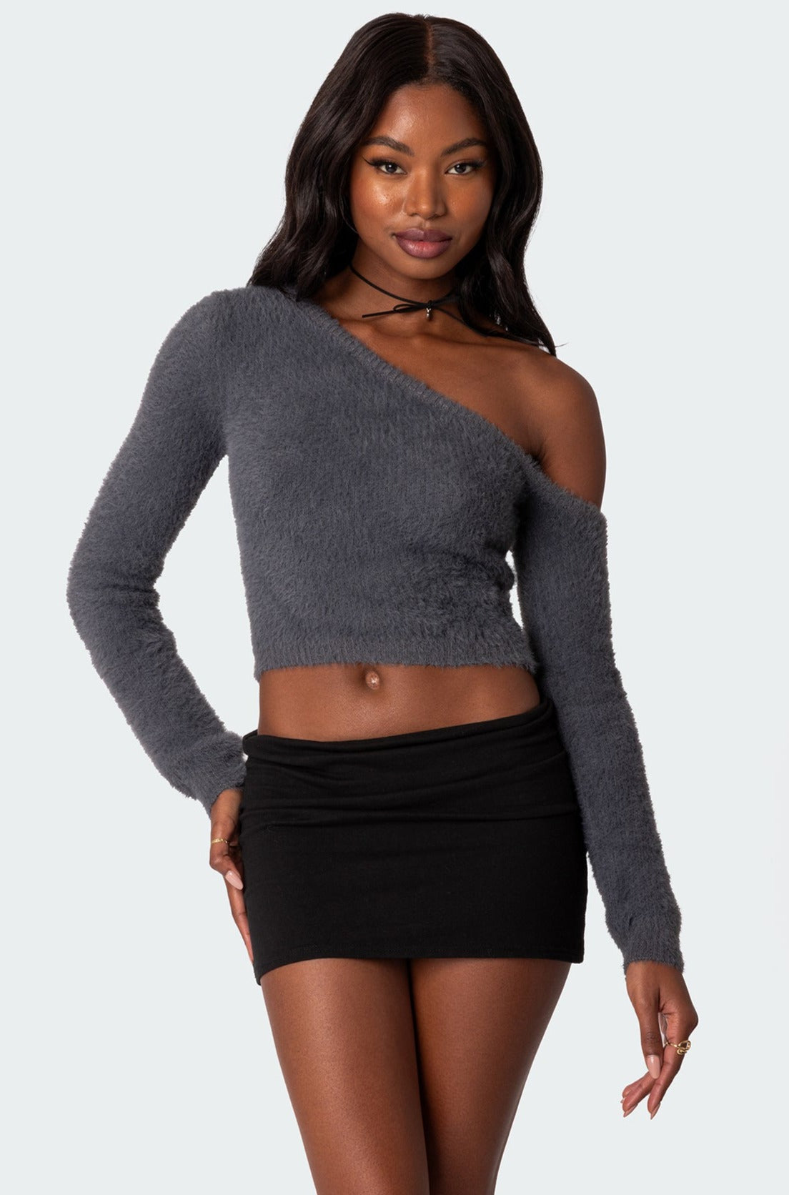 Frannie One Shoulder Fuzzy Knit Top - GRAY