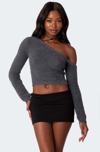 Frannie One Shoulder Fuzzy Knit Top - GRAY
