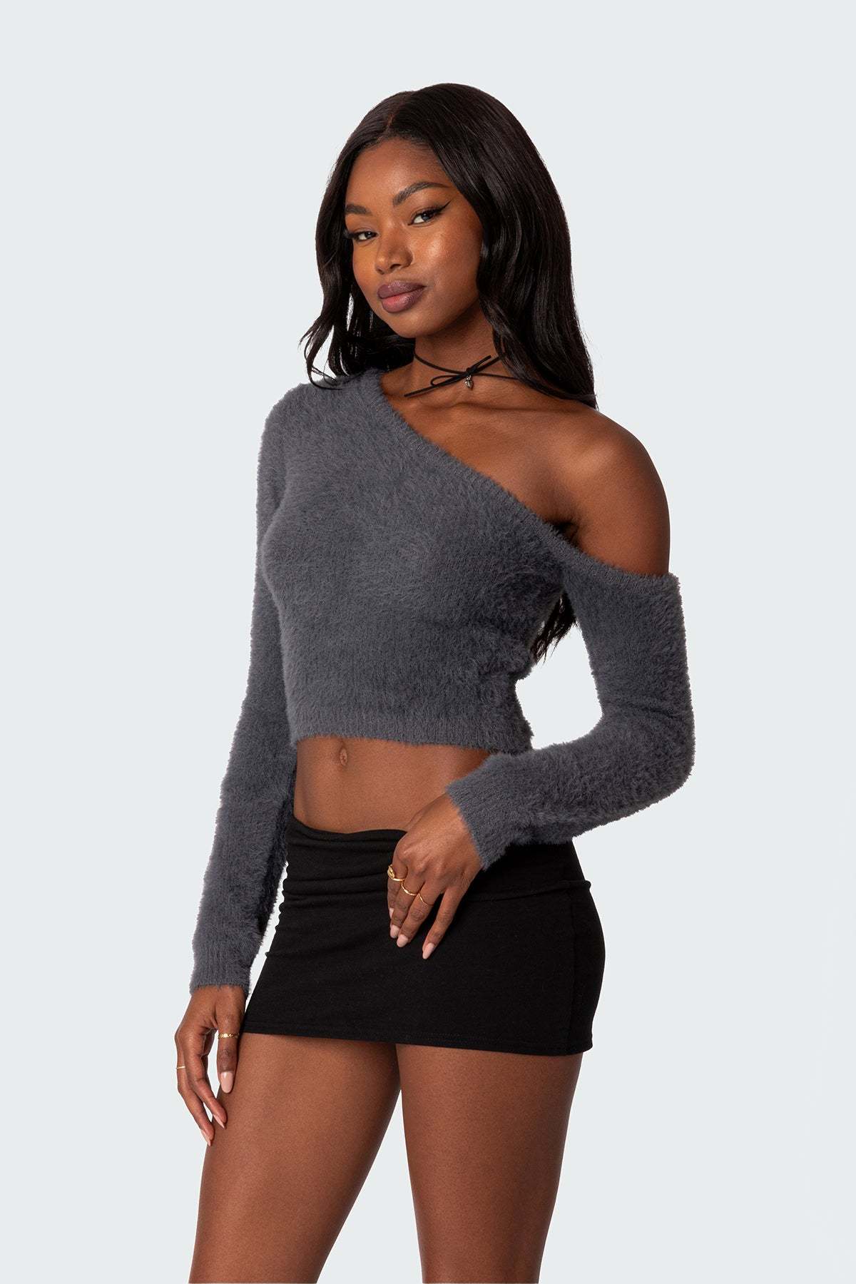 Frannie One Shoulder Fuzzy Knit Top - GRAY