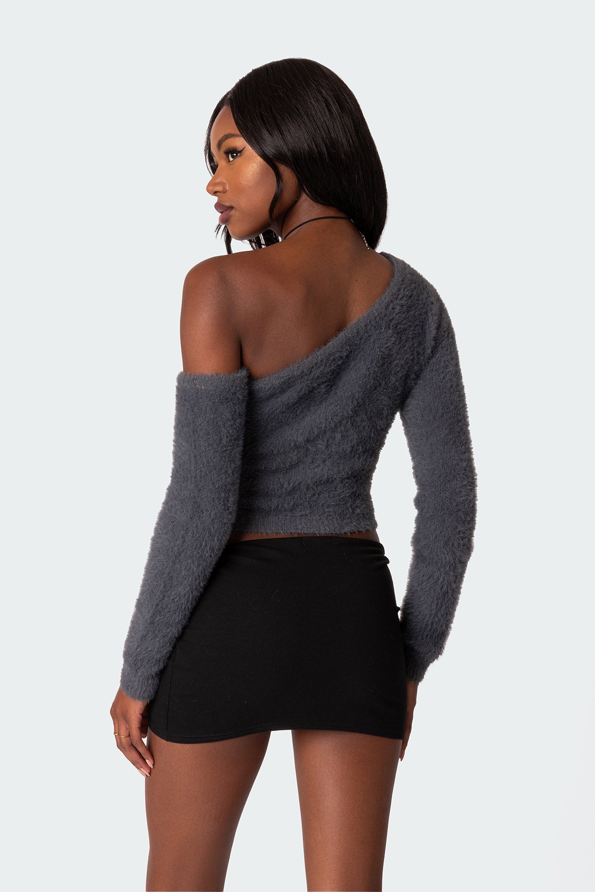 Frannie One Shoulder Fuzzy Knit Top - GRAY