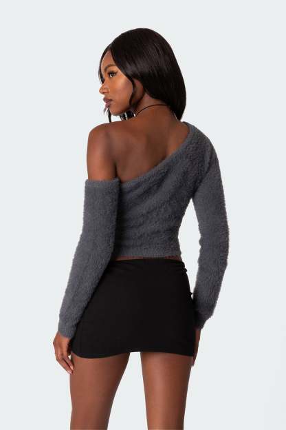 Frannie One Shoulder Fuzzy Knit Top - GRAY