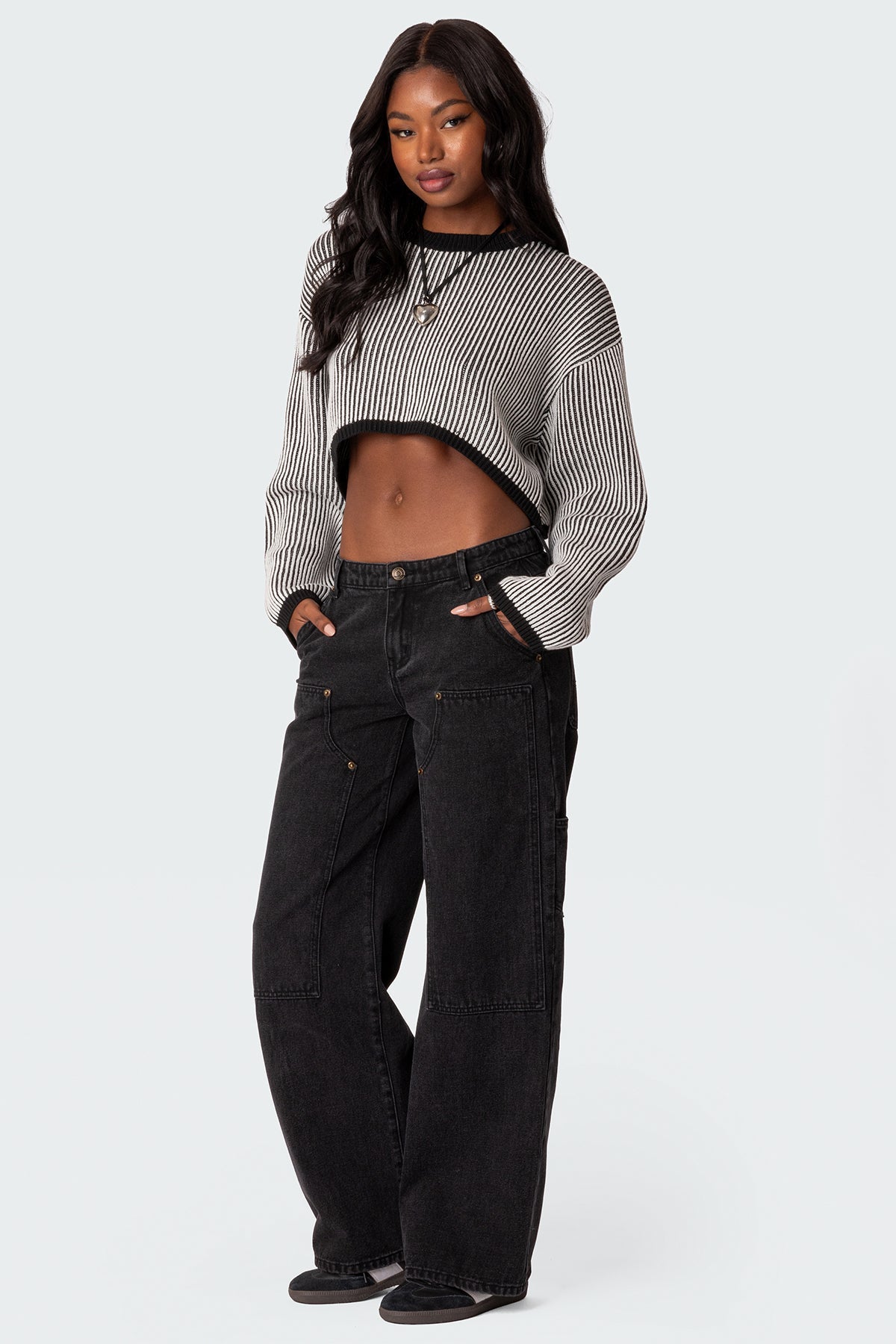 Gwenyth Textured Cropped Sweater - BLACK AND WHITE