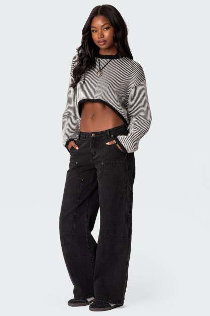 Gwenyth Textured Cropped Sweater - BLACK AND WHITE