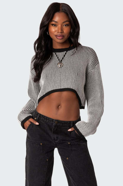 Gwenyth Textured Cropped Sweater - BLACK AND WHITE