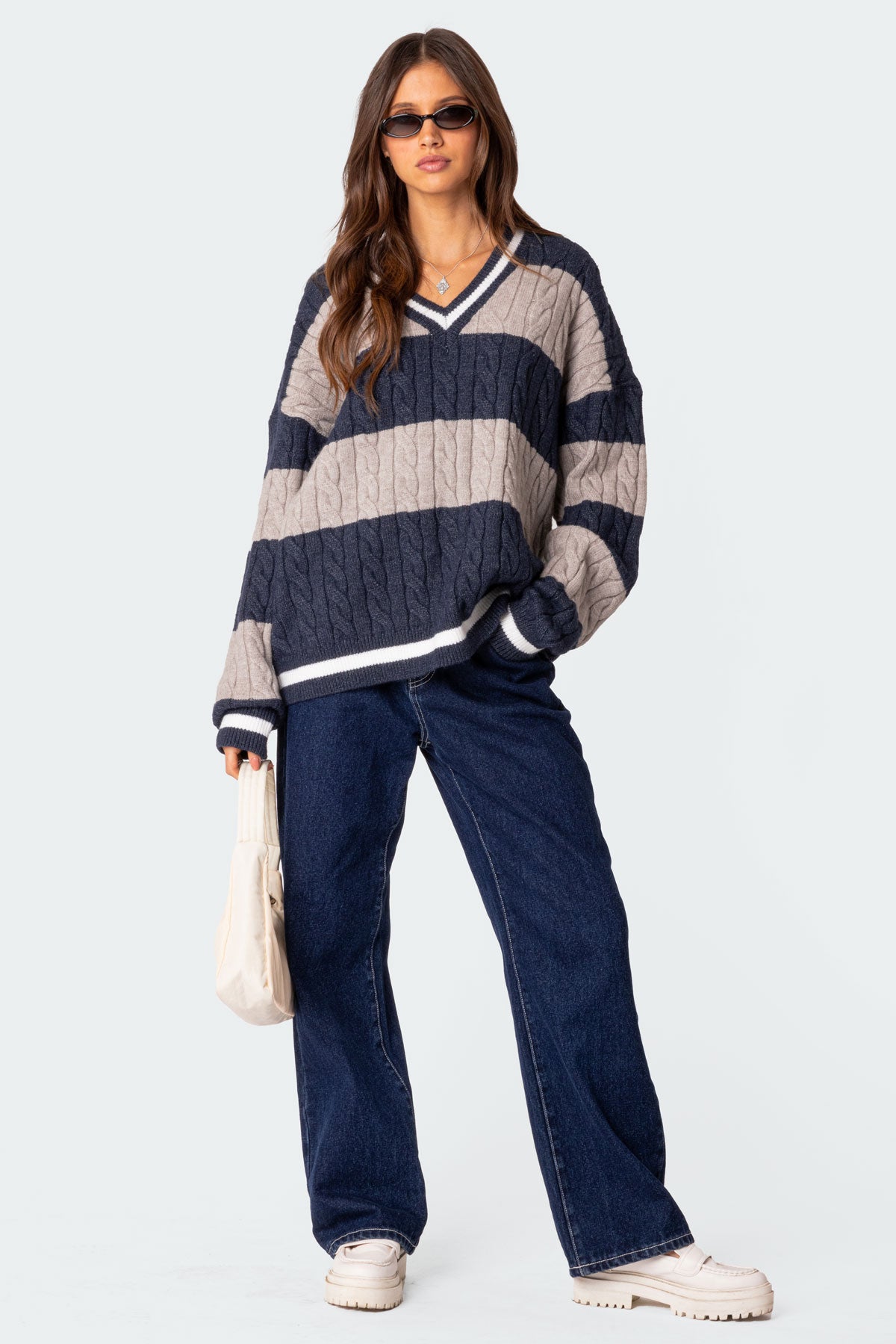 Romie V Neck Cable Knit Sweater - NAVY