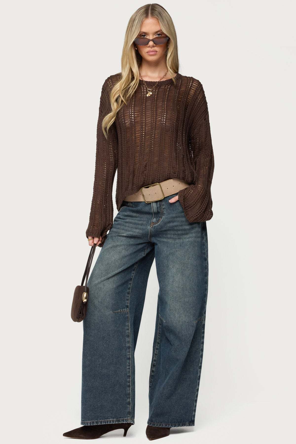 Jaide Sheer Ladder Knit Sweater - BROWN