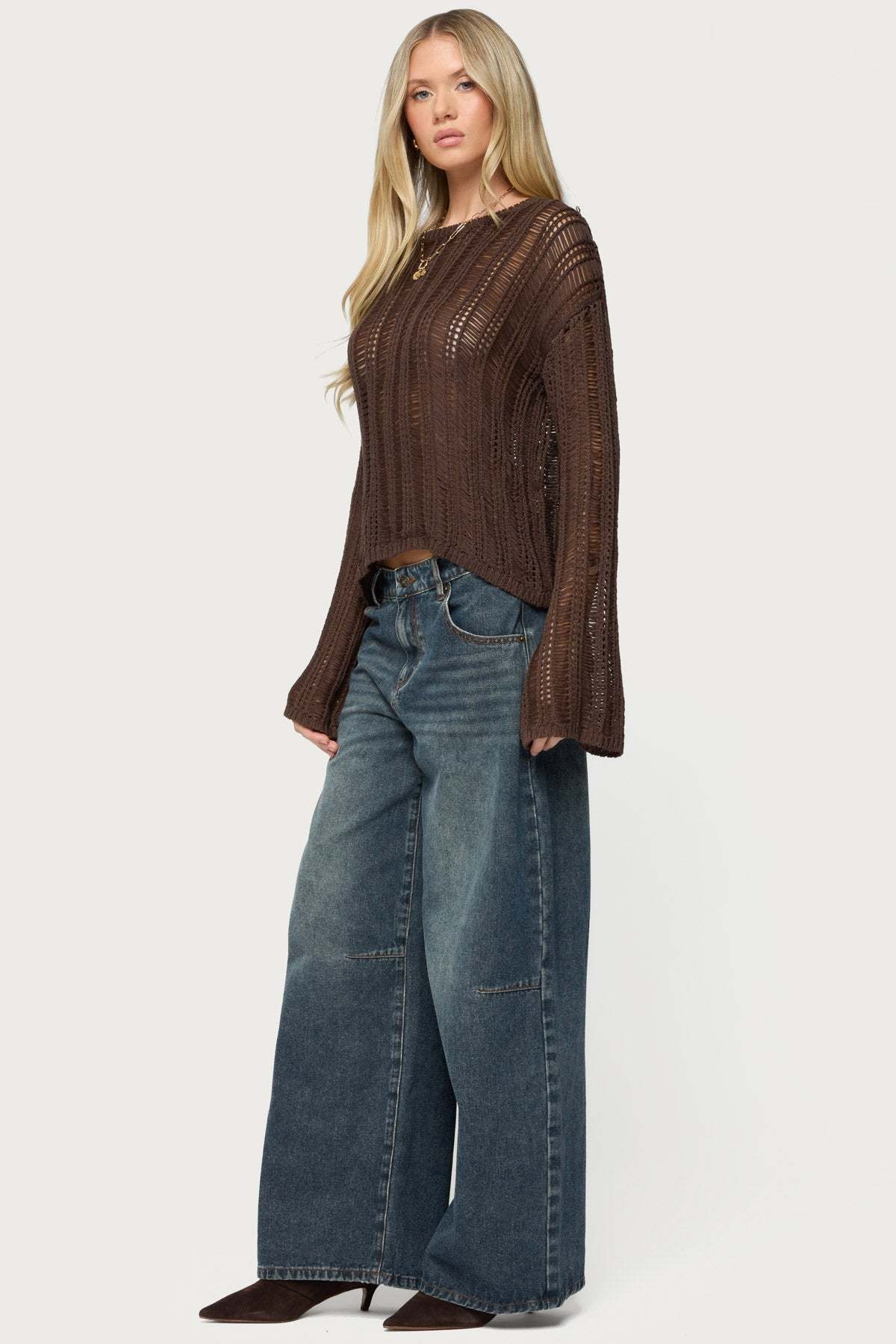 Jaide Sheer Ladder Knit Sweater - BROWN
