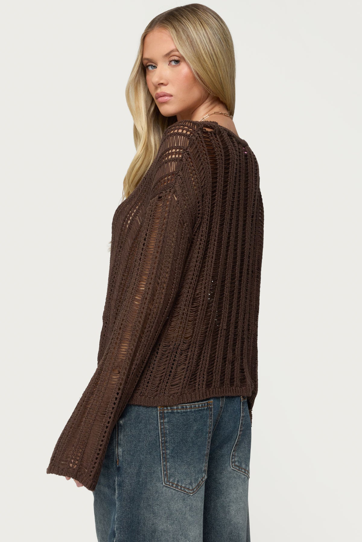 Jaide Sheer Ladder Knit Sweater - BROWN