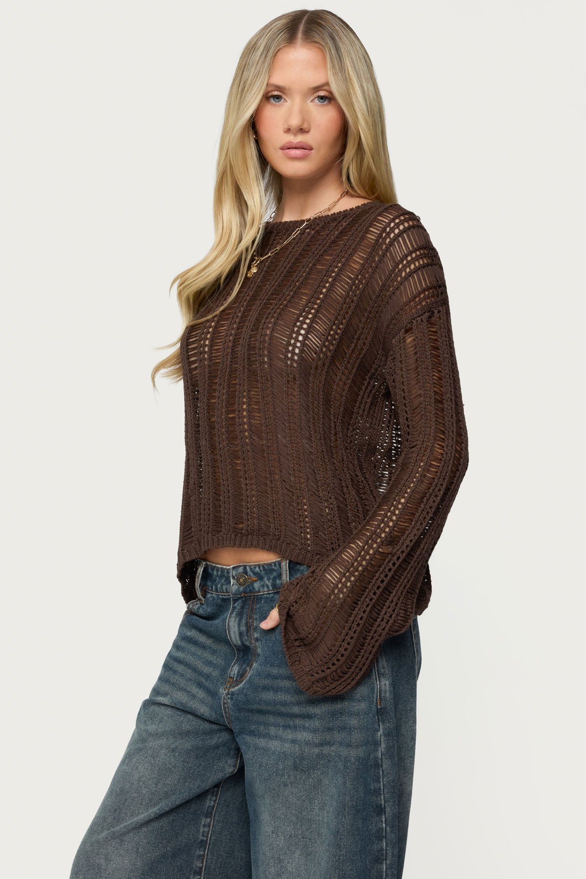 Jaide Sheer Ladder Knit Sweater - BROWN